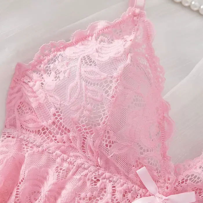Sexy spodná bielizeň pre ženy, košieľka a nohavičky v priehľadnej ružovej čipke, sexy a romantické nočné oblečenie s výstrihom, neodolateľné pokušenie