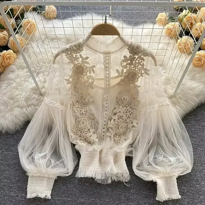 Dentelle bouffée à manches longues Blouse Vintage mode Blouses élégant Femme Blusas coréen Femme hau