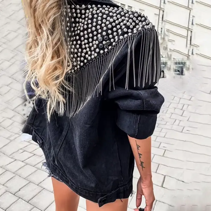 TEELYNN Boho noir Denim veste pour femmes manteaux à manches longues automne ample frange Jean veste