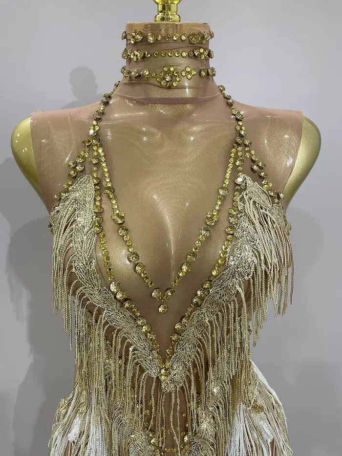 Stock 2025 femmes Sexy maille extensible brillant strass glands Mini robe discothèque chanteur danse
