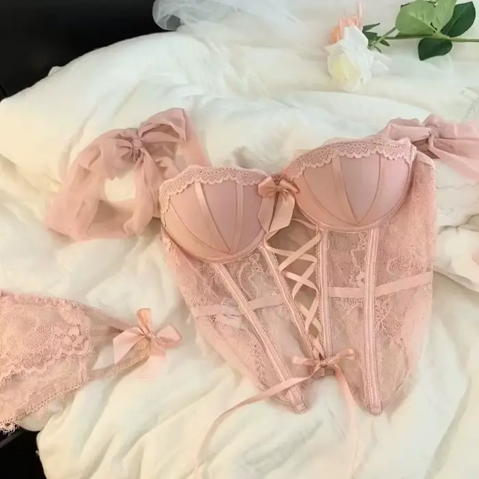 Sladké sexy dámy podprsenka nastaviť Fish Edge pikantné korzet dievča čipka spodná bielizeň popruh vystužený štíhly typ korzet ženy podprsenka Set