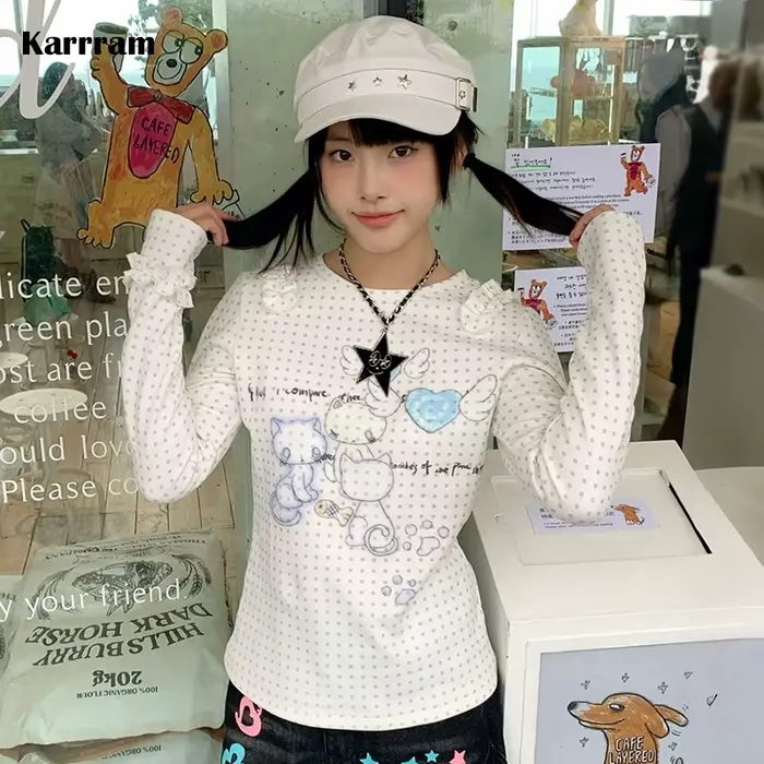 Karrram japonský Y2k Anime potlačený pletený top 2000s estetický s dlhým rukávom Tričko Cutecore s bodkami rebrovaný top Kawaii mačka