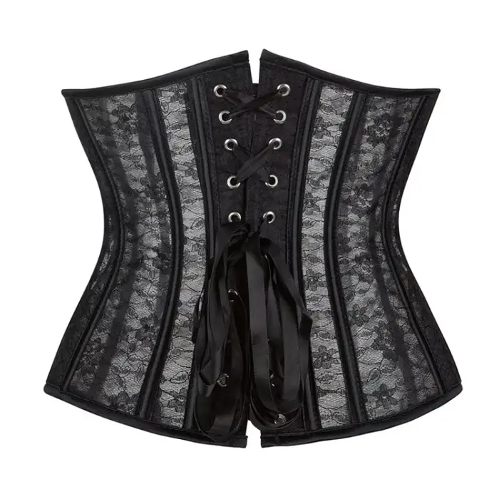 Corset sous-poitrine pour femme, noir et blanc, en maille transparente et dentelle, avec baleines en plastique, bustier, basques, gaine amincissante, serre-taille, korset ﻿
