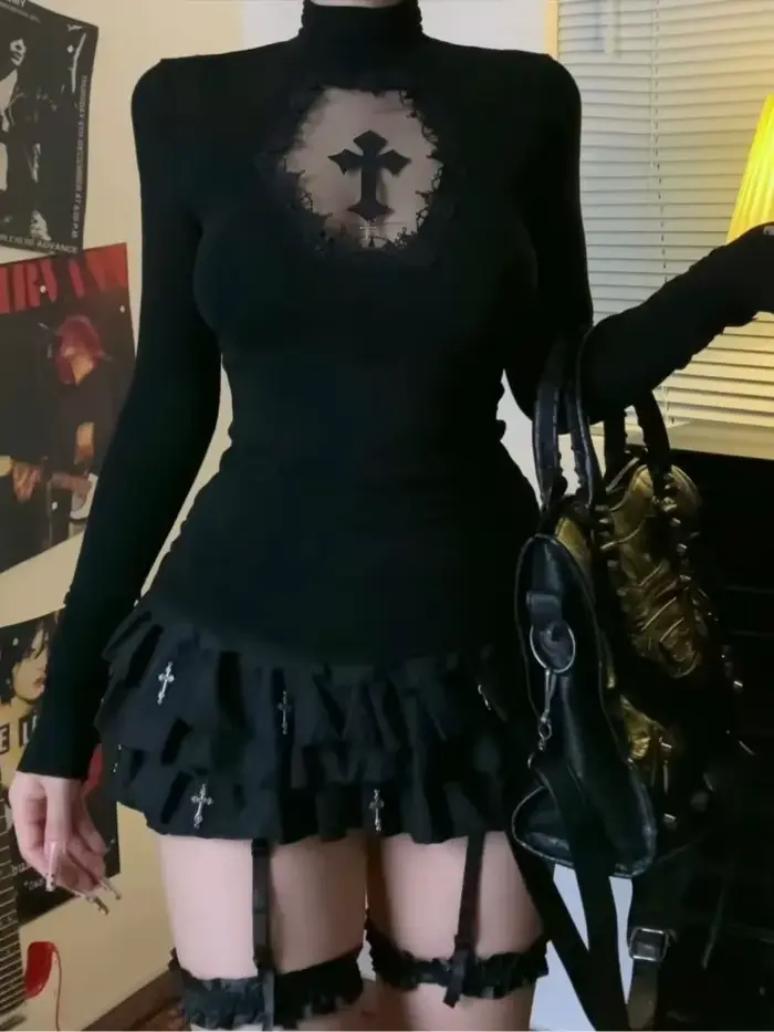 Sexy tmavo gotické tričko pre ženy dizajn y2k letné dlhé rukávy špeciálne príležitosti