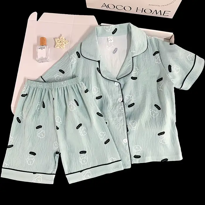 Ensemble pyjama à motif d'ours, haut à manches courtes et short assorti, vêtements d'intérieur confo
