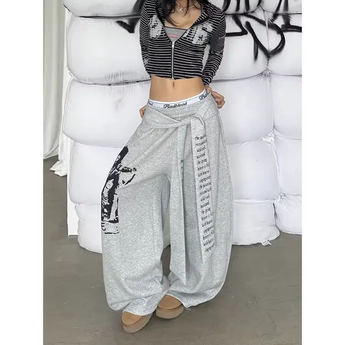 ZHIZOU femmes gris gothique Baggy Y2k lettre impression pantalon Harajuku années 2000 Vintage surdim