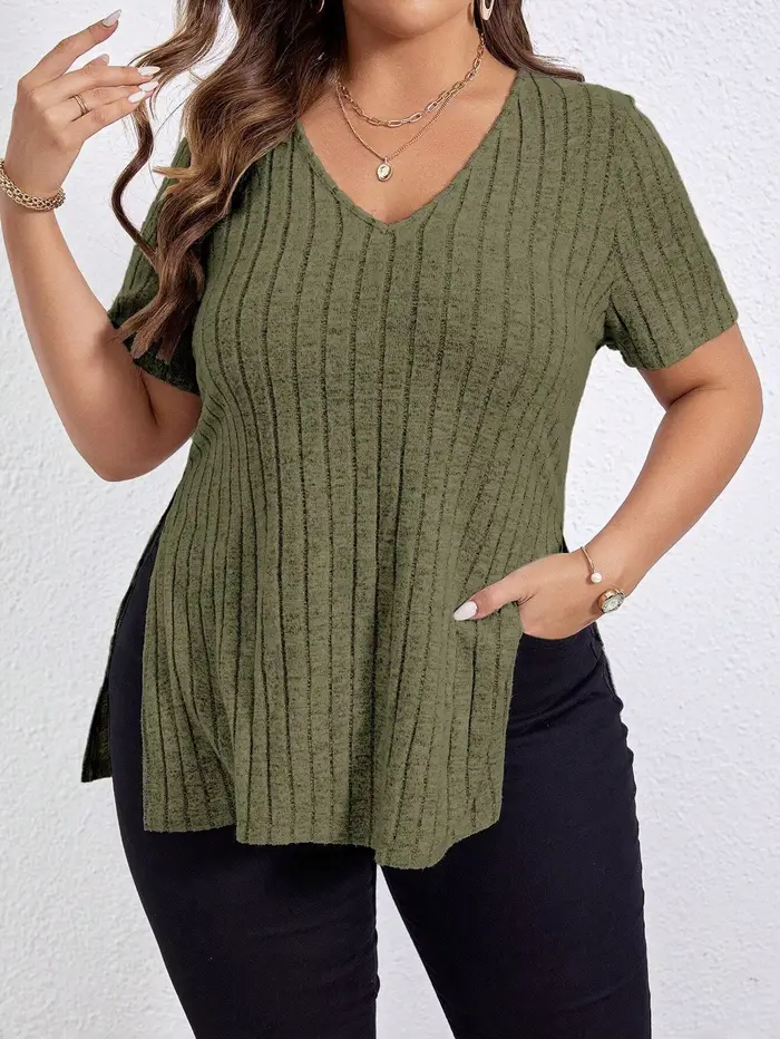 GIBSIE grande taille été col en V à manches courtes t-shirt femmes mode 2025 nouveau solide côtelé d