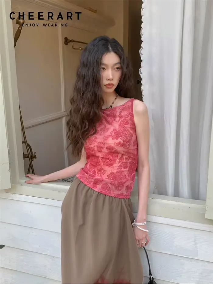 CHEERART Flocage Floral Dos Nu Rouge Débardeur Pour Femmes 2023 Vêtements d'été Haut de gamme Mode F