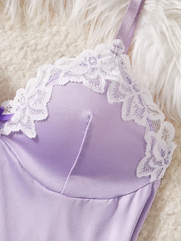 Dámska nočná košeľa z ľahkej fialovej čipky s lukom, babydoll štýl, sada spodná bielizeň, dámske oblečenie