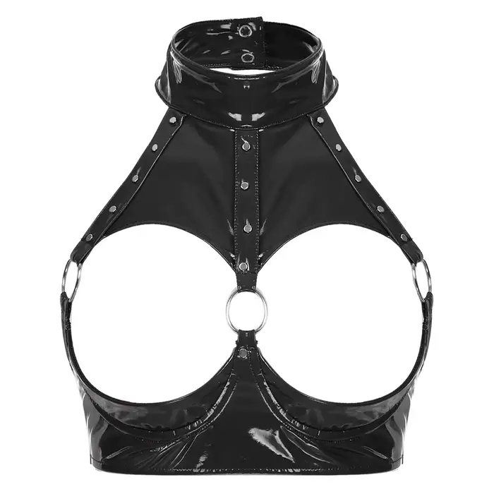 Ensemble de lingerie sexy pour femme en cuir verni effet mouillé, soutien-gorge sexy sans armatures à bonnets ouverts avec volants, strings intégrés, porte-jarretelles et mini-jupes