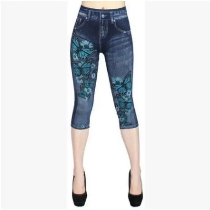 Dámske tlačené imitácia džínsy Legíny štíhle elastické capri outdoorové joggingové nohavice na chôdzu móda vysoký pás