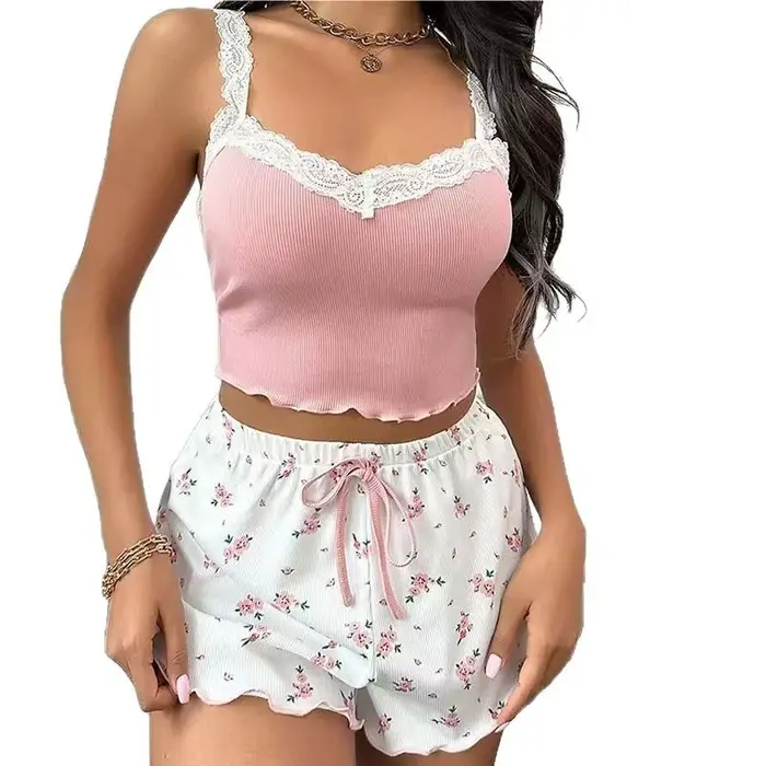 Dámske pyžamo patchwork vzor bez rukávov cami blúzka a šortky polyester bavlna letné špeciálne príležitosti