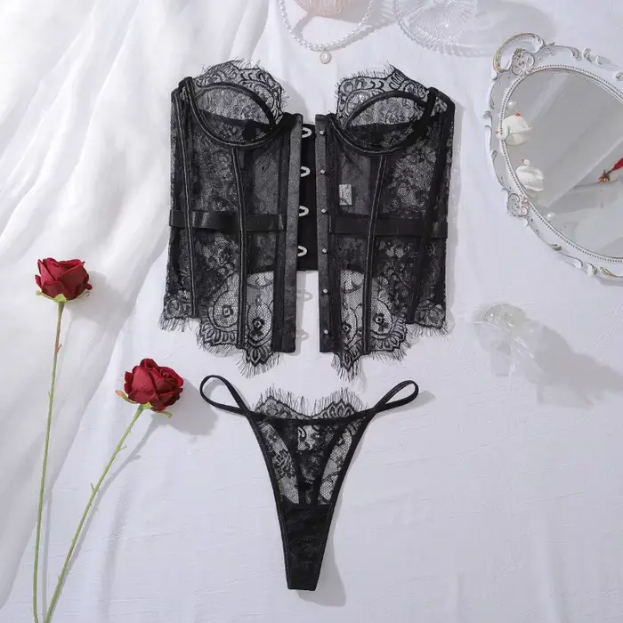 Sexy set z polyesteru a elastanu s čipkou kvet pre ženy, podprsenka a nohavičky bez popruhov, clubwear štýl pre špeciálne príležitosti