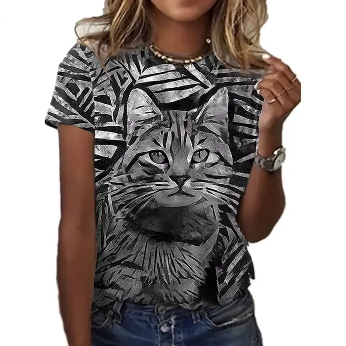 T-Shirt chat Kawaii imprimé en 3D pour femmes, t-shirts graphiques d'animaux amusants, décontracté,