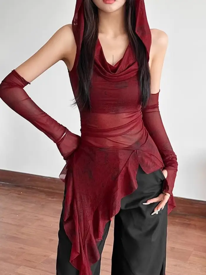 Haut transparent en maille rouge, Streetwear, T-shirt à capuche, manches longues à volants irrégulie