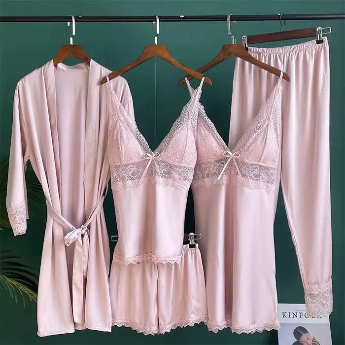 Biela saténová nočná bielizeň, svadobné šaty, sexy nočná košeľa, čipka Kimono, Župan, nočné oblečenie, domáce šaty, oblečenie do obývačky, 5 kusov