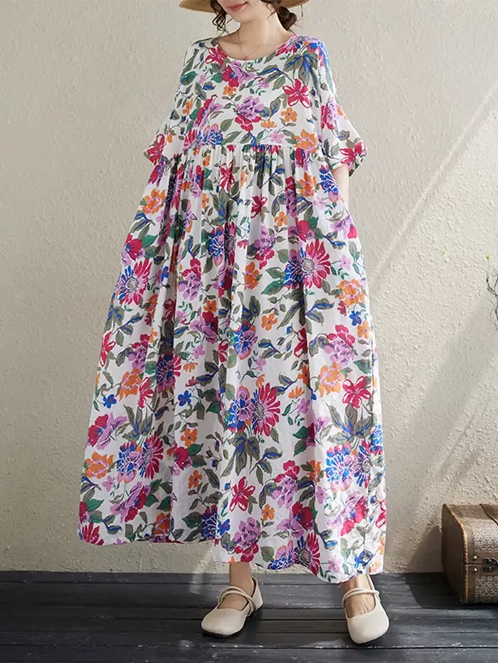 Robe longue vintage en coton à manches courtes et imprimé violet pour femme – Collection été 2026 –