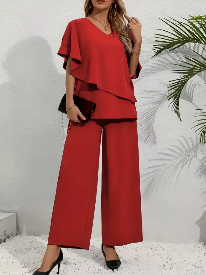 Ensemble 2 pièces pour femmes grandes tailles - Haut à manches bouffantes multicolores à col en V +