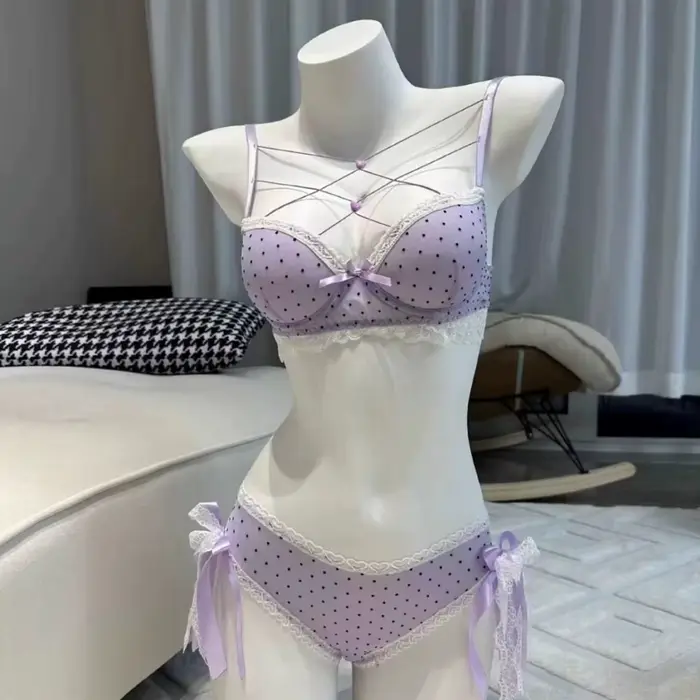 Čipka polka dot podprsenka a nohavičky nastaviť s uzly, sexy push-up bielizeň pre ženy