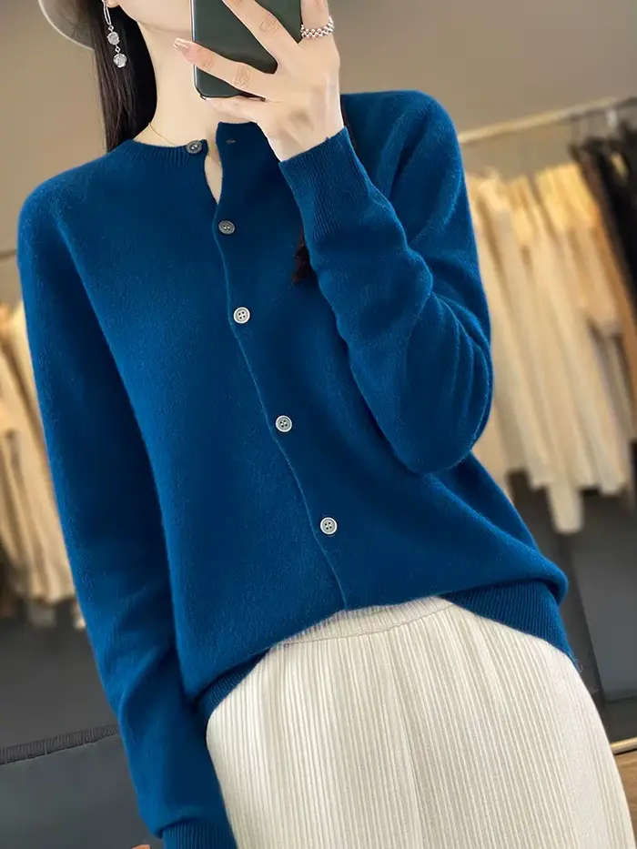 100% merino vlna pulóver pre ženy okrúhly výstrih Cardigan základný štýl gombíkový úplet pre