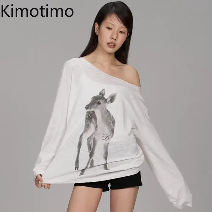 Kimotimo Dámske Tričko Leto Potlač Odhalené Ramená Dlhé Rukávy 2026 Nové Ležérne Priesvitné Voľné Štýl Kpop Y2K