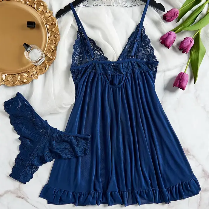 Modrá tylová nočná košeľa pre ženy, čipky, V-Neck, spodná bielizeň, spodná bielizeň, priehľadný Mini šaty, tangá Set, nočné košele