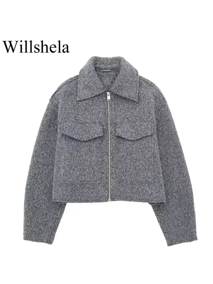 Willshela dámska módna bunda so sivými prednými vreckami na zips Vintage golier dlhé rukávy žena Štýlové oblečenie