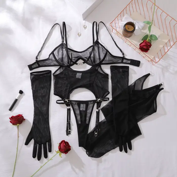 Ensemble de lingerie féminine sensuelle et sexy 5 pièces en maille transparente, sous-vêtements éthi