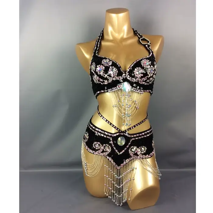 Vente chaude femmes perles paillettes danse du ventre Suite ceinture + soutien-gorge Samba Costumes Club USA soutien-gorge taille 34B,36B,38B,40B,34D,36D,38D,40D