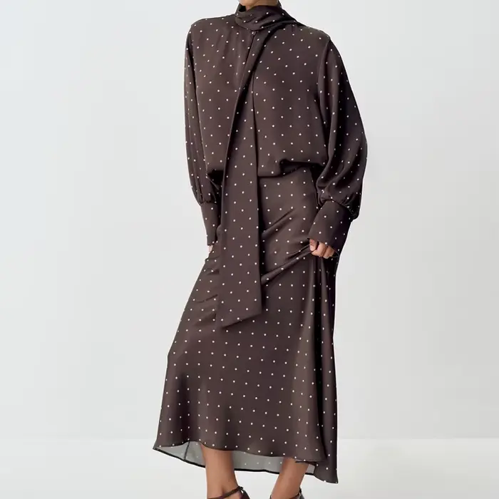 Ensemble jupe deux pièces en Satin imprimé à pois, chemise à manches longues à lacets + jupe mi-long