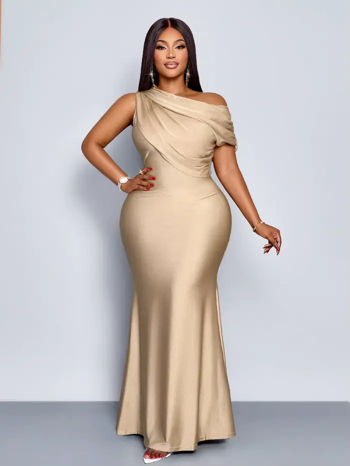 Robe de soirée élégante à épaules dénudées, taille plus, style sirène, en abricot brillant pour mari