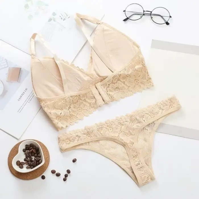 Kvetinová čipka podprsenka a nohavičky set, V-neck, jednofarebné, nízky pás, kvetinové tangá, dámske spodná bielizeň
