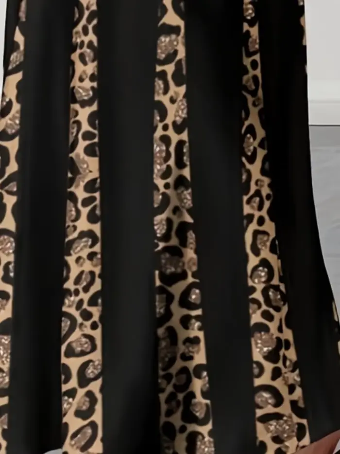 Robe maxi élégante à imprimé léopard, robe longue à manches longues tendance grande taille, vêtement