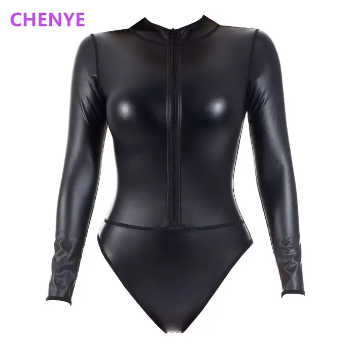 Body Shaper pre ženy Sexy Lingerie Predný Zips Vysoký Golier Dlhé Rukávy Umelá Koža