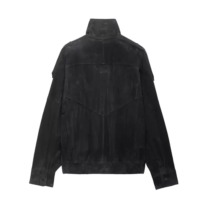Blouson biker pour femme en cuir texturé gris foncé, avec col montant boutonné asymétrique, ourlet é