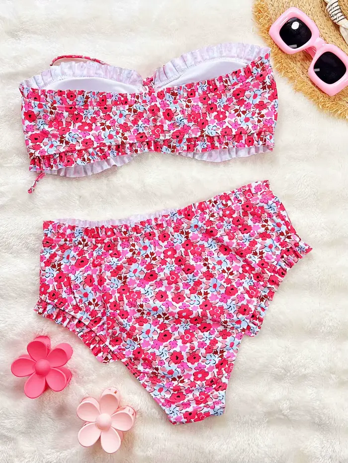 Kvetinová tlač Dvojdielna čelenka Bikini Set Nahé ramená Žena Plavky Vysoký pás Skladaný obväz Ženy Plavky