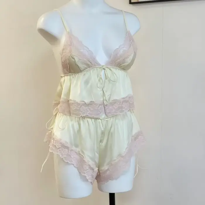 Pyjama français en dentelle pour femme, ensemble de sous-vêtements, lingerie sexy, vêtements de nuit
