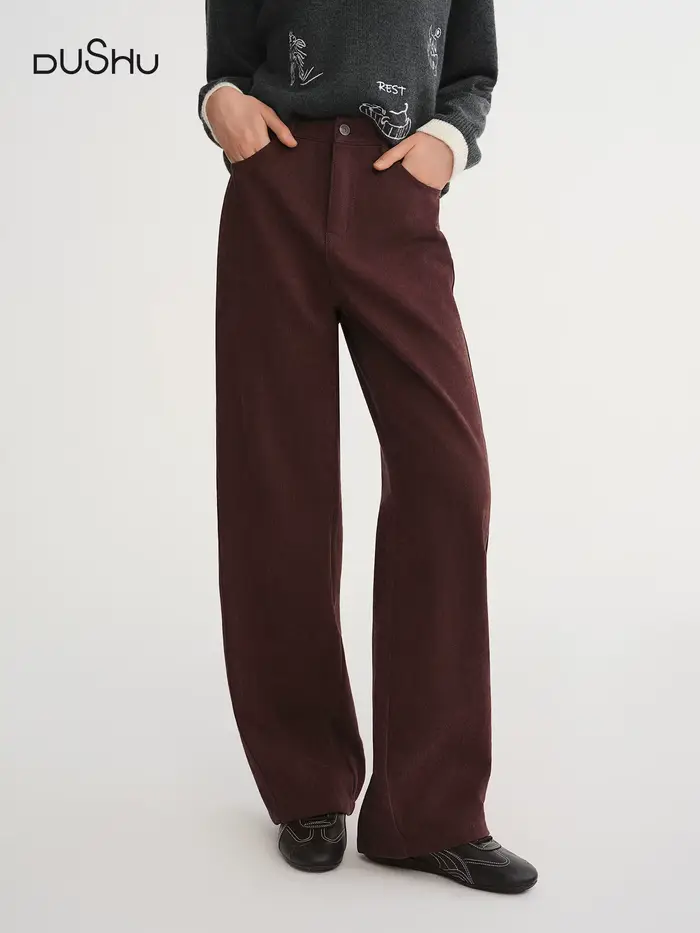DUSHU 2025 Pantalon droit taille haute à jambes larges pour femme - Pantalon décontracté de bureau a