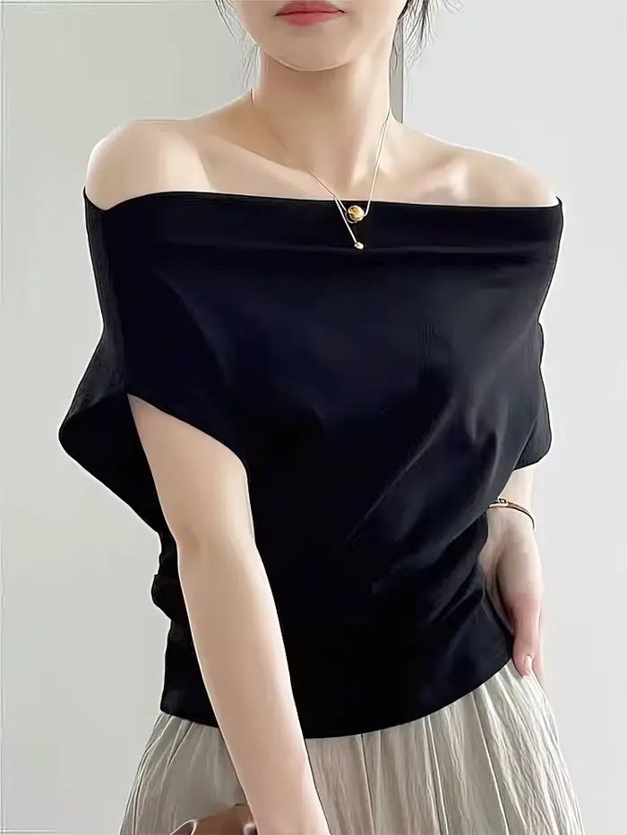 Elegantné kórejské letné jednoramenné tričko s krátkym rukávom voľného strihu