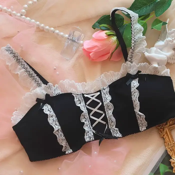 Čipka Lolita podprsenka bielizeň nastaviť retro štýl Kawaii čierna s motýlik pre dievčatá špeciálne príležitosti