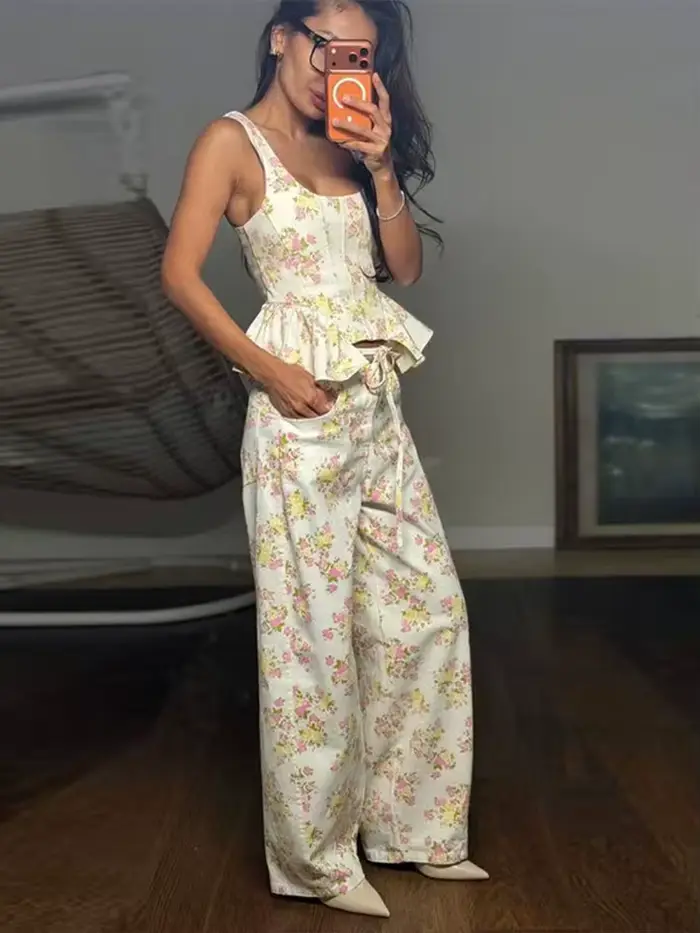 Ensemble élégant imprimé pour femme : débardeur à volants sans manches et pantalon large – Tenue de
