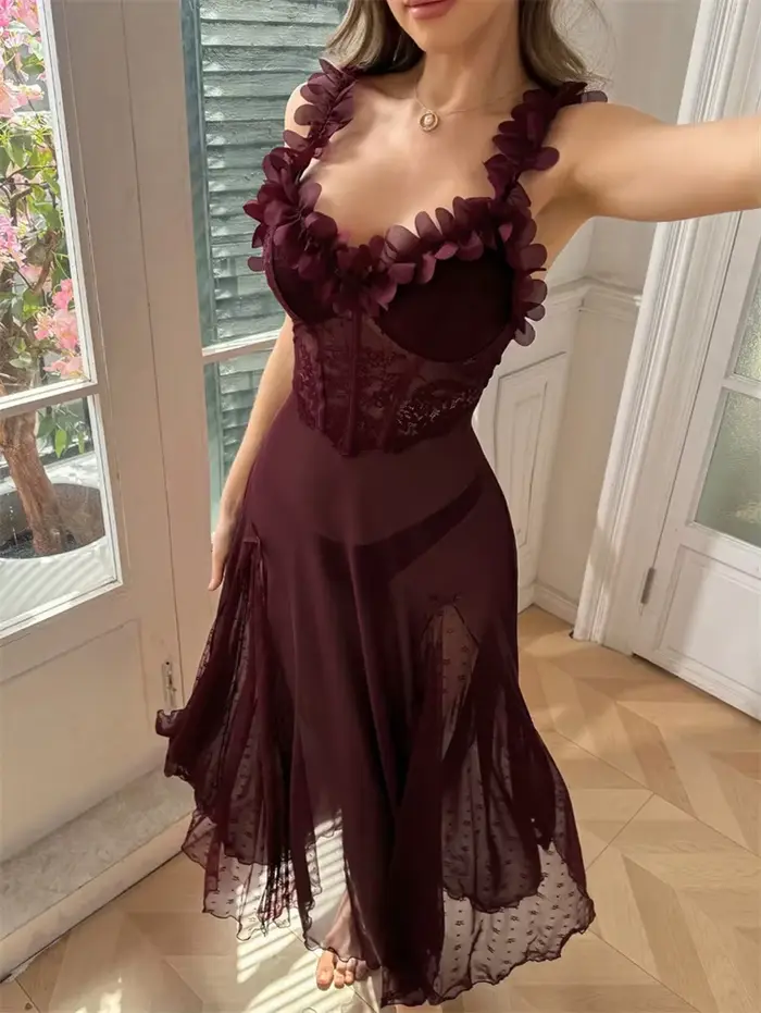Dámska nočná košeľa s popruhmi, v polka dot oka, s víla luk, dlhý, pyžamový štýl, okvetné lístky, V-neck, bez chrbta, sexy