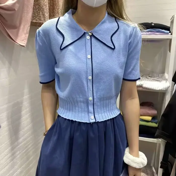 DAIZHIYUE junior krátke tričko s patchwork pre ženy štýl streetwear leto 2024 pletený polyester viskóza slim fit nafúknutý rukáv