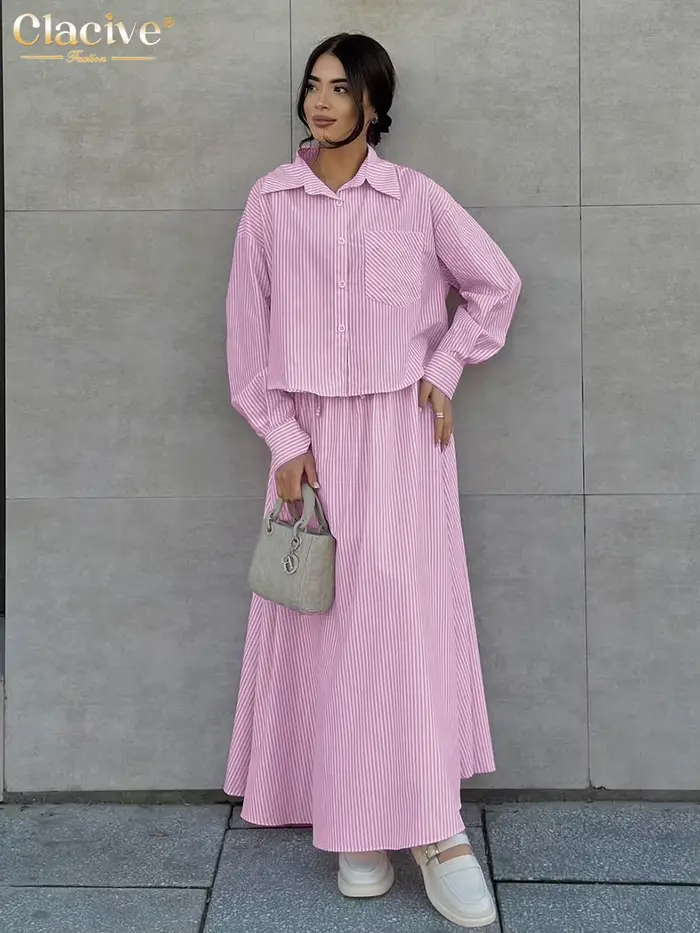 ClacMarkets-Ensemble 2 pièces à rayures roses pour femmes, chemise élégante à manches longues, jupes