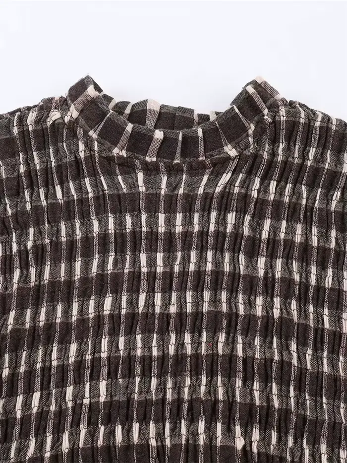 Nlzgmsj 2025 Vintage Chic hnedá kockovaná košeľa pre ženy s dlhým rukávom Blúzka s riasením ležérny elegantný top