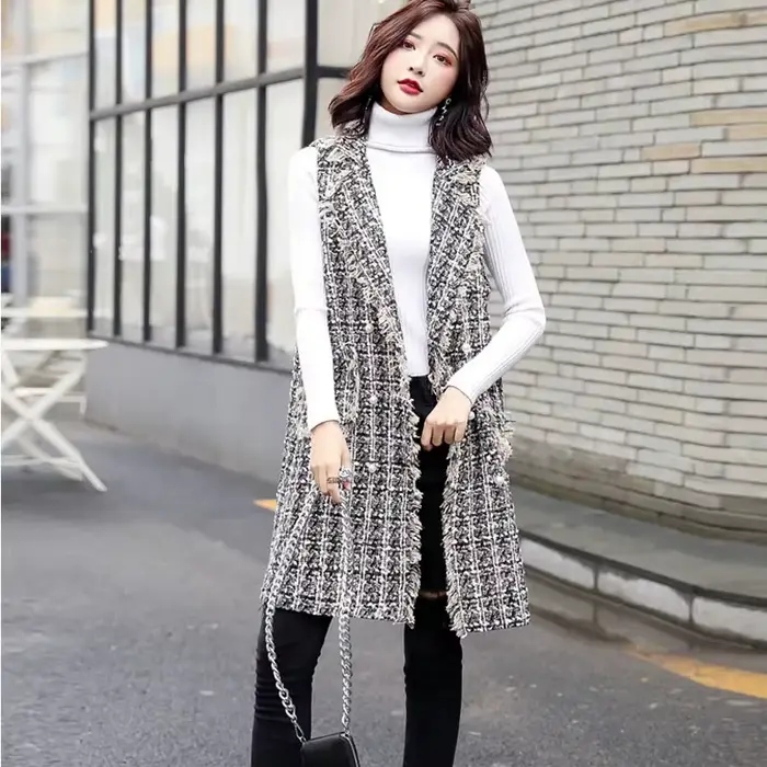 Veste Longue en Laine pour Femme, Cardigan à Carreaux, Nouvelle Collection Printemps Automne 2023