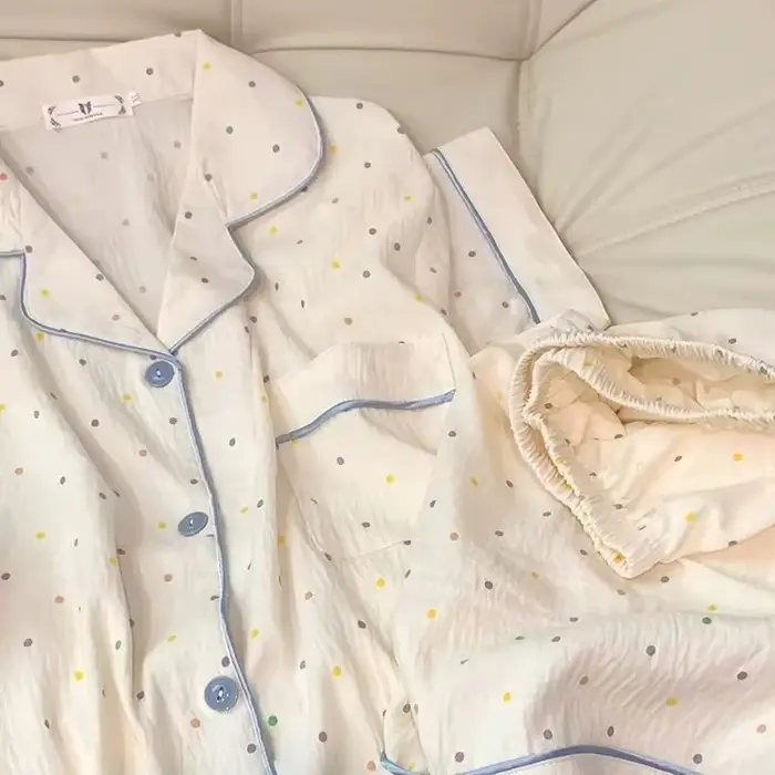 Dámske polka dot tlačené bavlnené pyžamo set, krátky rukáv top a šortky, 2-dielna sada, ležérne a pohodlné set pre domácnosť, mäkké