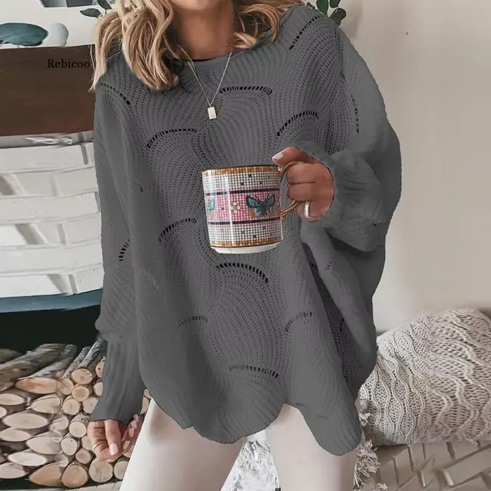 Pull à manches lanternes pour femme, élégant, ample, tricoté, décontracté, col ras du cou, couleur u