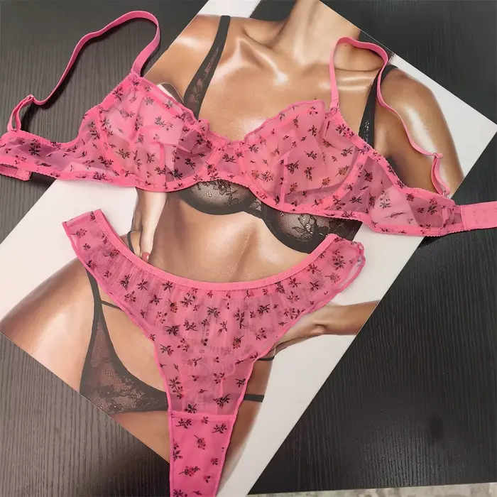 Dámske kvetinová tlač spodná bielizeň Set, Sexy čipka podprsenka, francúzština, ultra tenké, priedušné, intímne, mäkké spodné prádlo