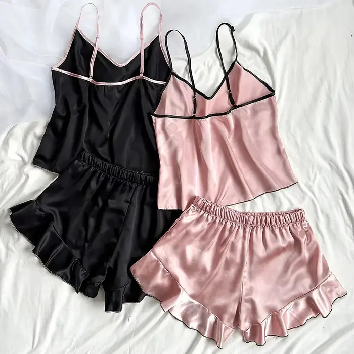 Pyjamas en satin fluide pour femme, sexy, sans manches, shorts, rose noire, pour les nuits d'été et les sorties nocturnes